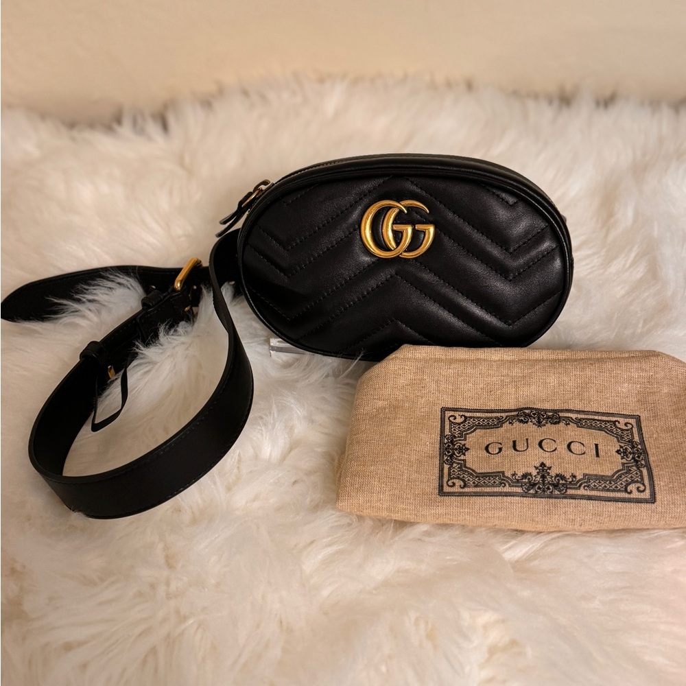 Gucci Black calfskin marmot belt Bag with Gold Accent